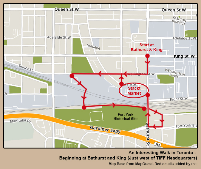 map of interesting walk in toronto king and bathurst neighbourhood