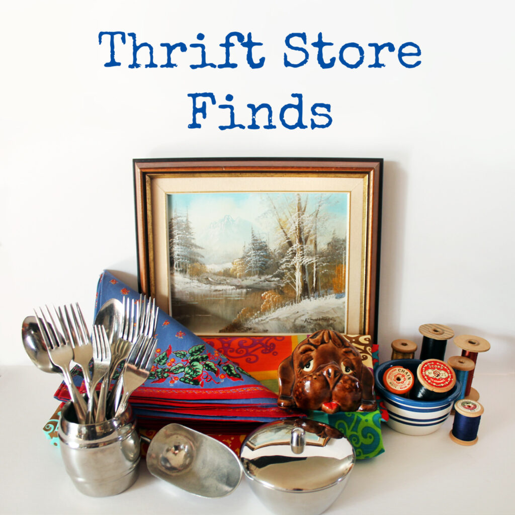 thrift store finds value village toronto vintage oil painting dog eyeglass holder oneida cutlery wooden spools 1024x1024