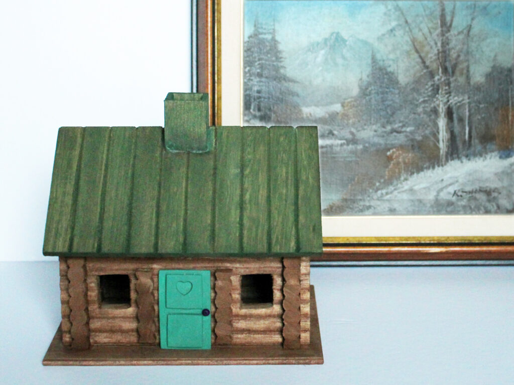 wooden log cabin birdhouse from michaels painted with handmade door 1024x768