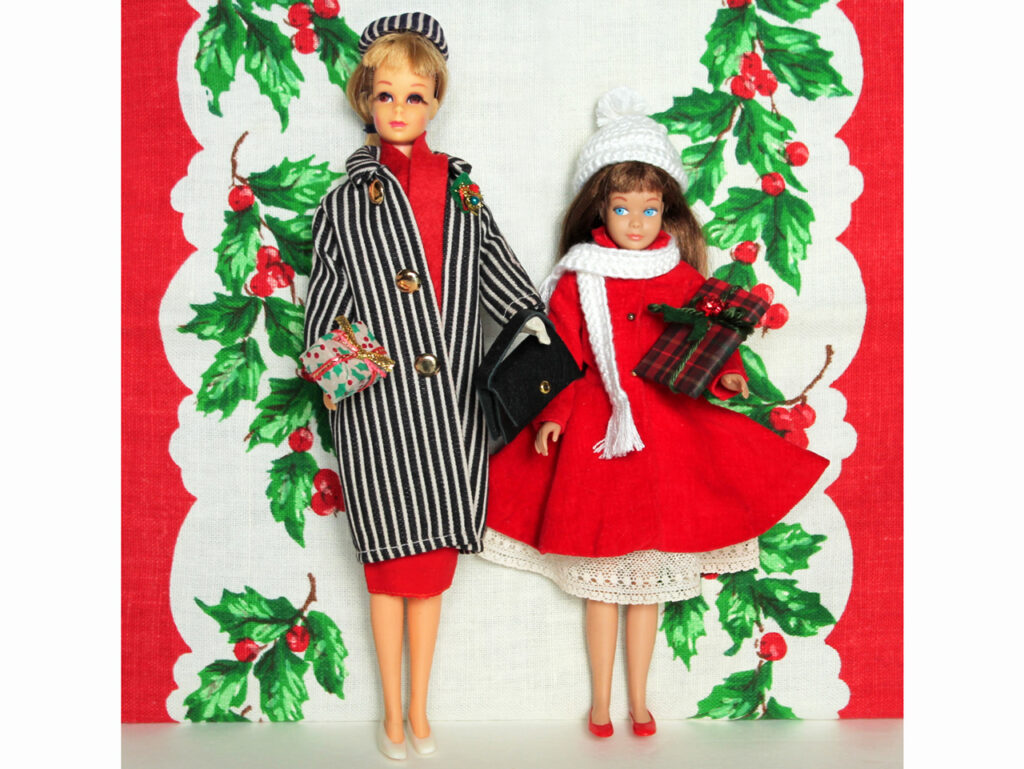 vintage barbie dolls francie and skipper dressed for christmas 1024x769